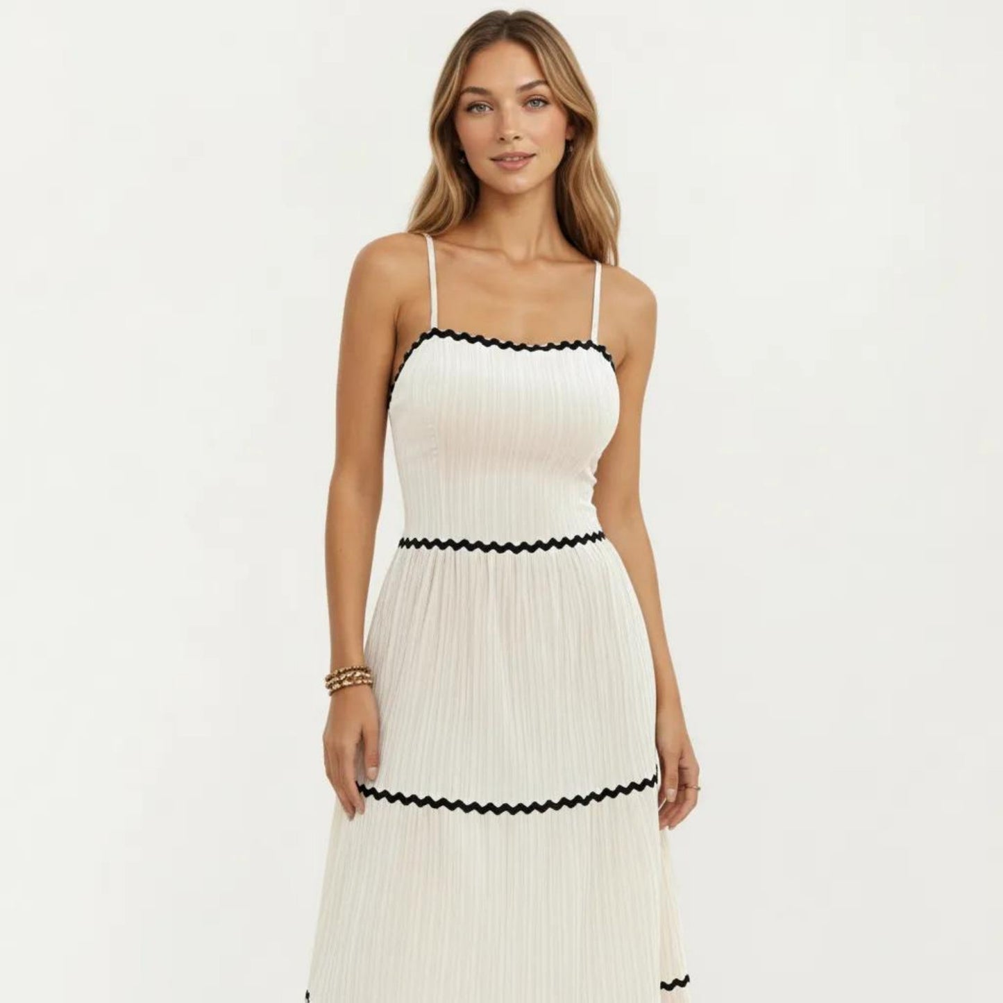 Sleeveless Pleated Maxi Dress with Spaghetti Straps Contrast Trim Detail and Flowy Tiered