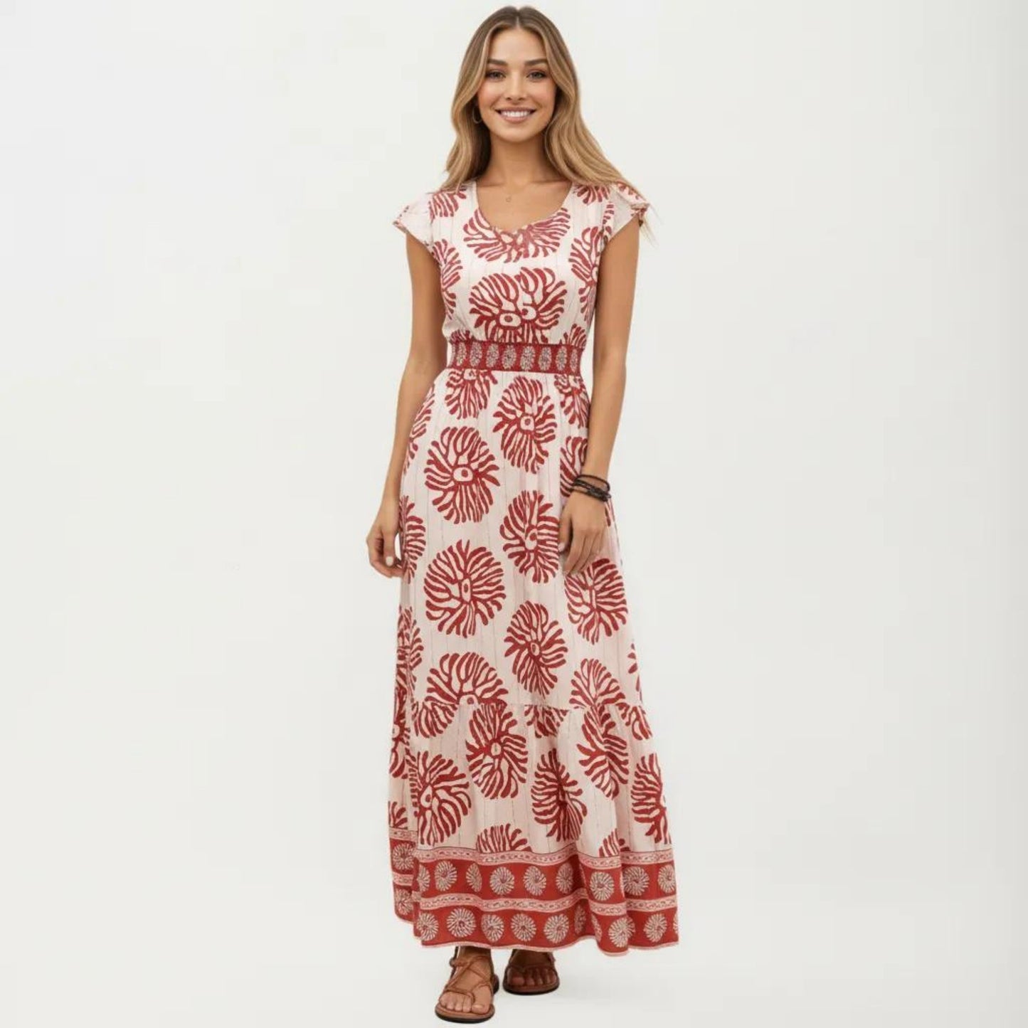 Short Sleeve Maxi Dress with Printed Design V Neckline Smocked Waist and Tiered Flowy Silhouette