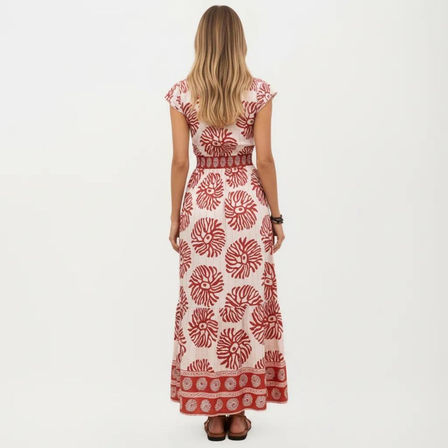 Short Sleeve Maxi Dress with Printed Design V Neckline Smocked Waist and Tiered Flowy Silhouette