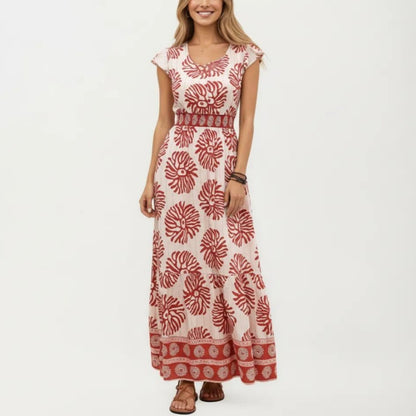 Short Sleeve Maxi Dress with Printed Design V Neckline Smocked Waist and Tiered Flowy Silhouette