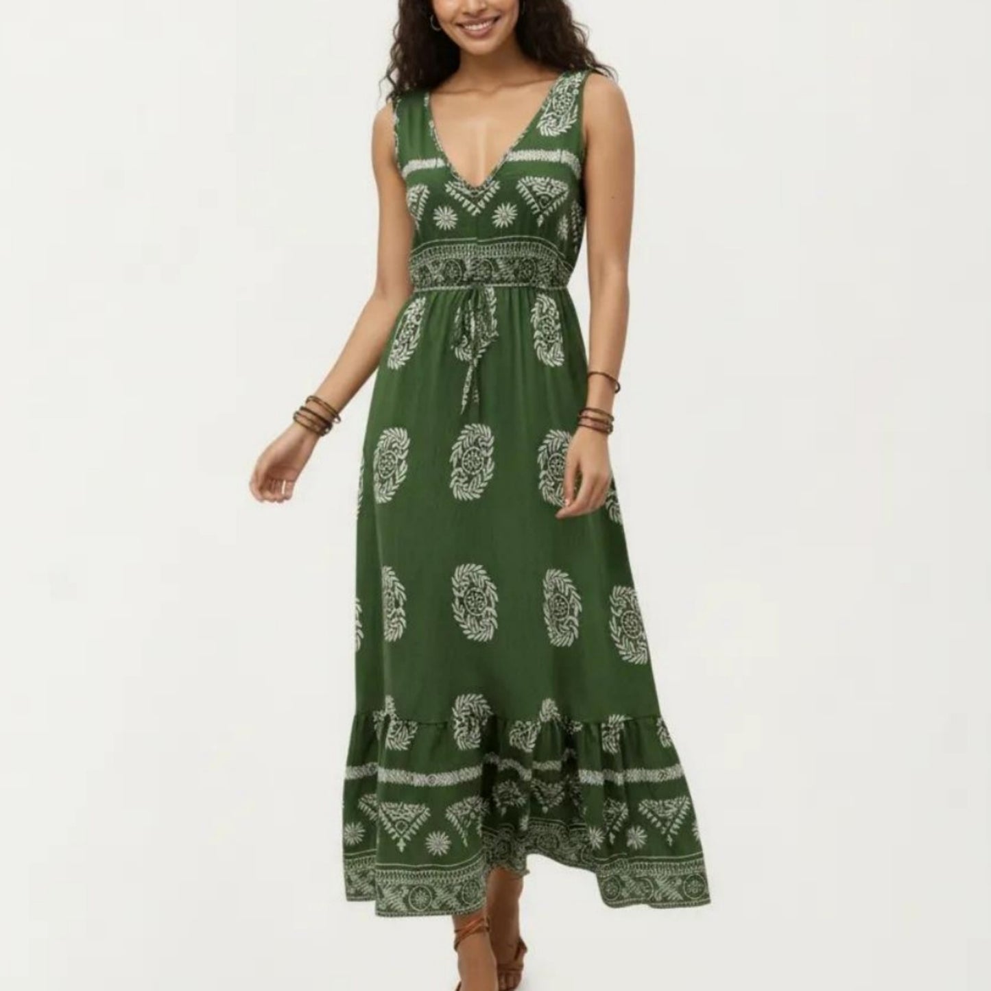 Sleeveless V Neck Maxi Dress with Bohemian Print Tiered Hem Detail and Relaxed Flowy Fit Design