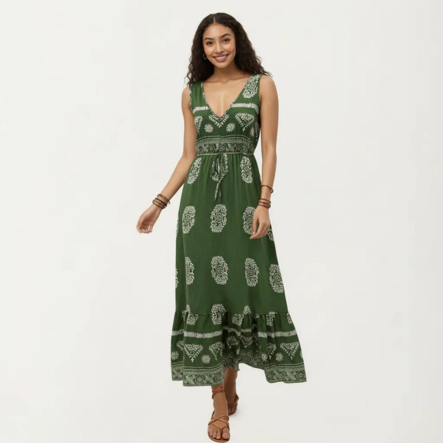 Sleeveless V Neck Maxi Dress with Bohemian Print Tiered Hem Detail and Relaxed Flowy Fit Design