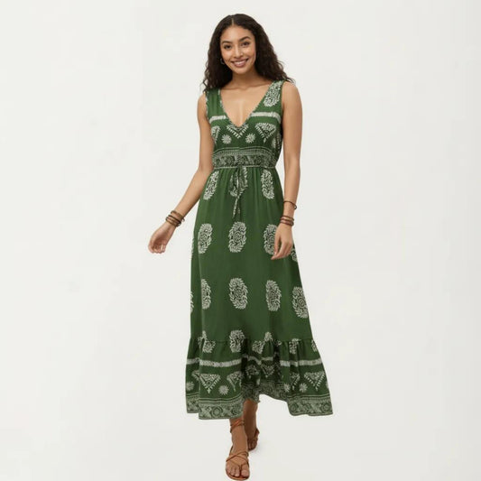 Sleeveless V Neck Maxi Dress with Bohemian Print Tiered Hem Detail and Relaxed Flowy Fit Design