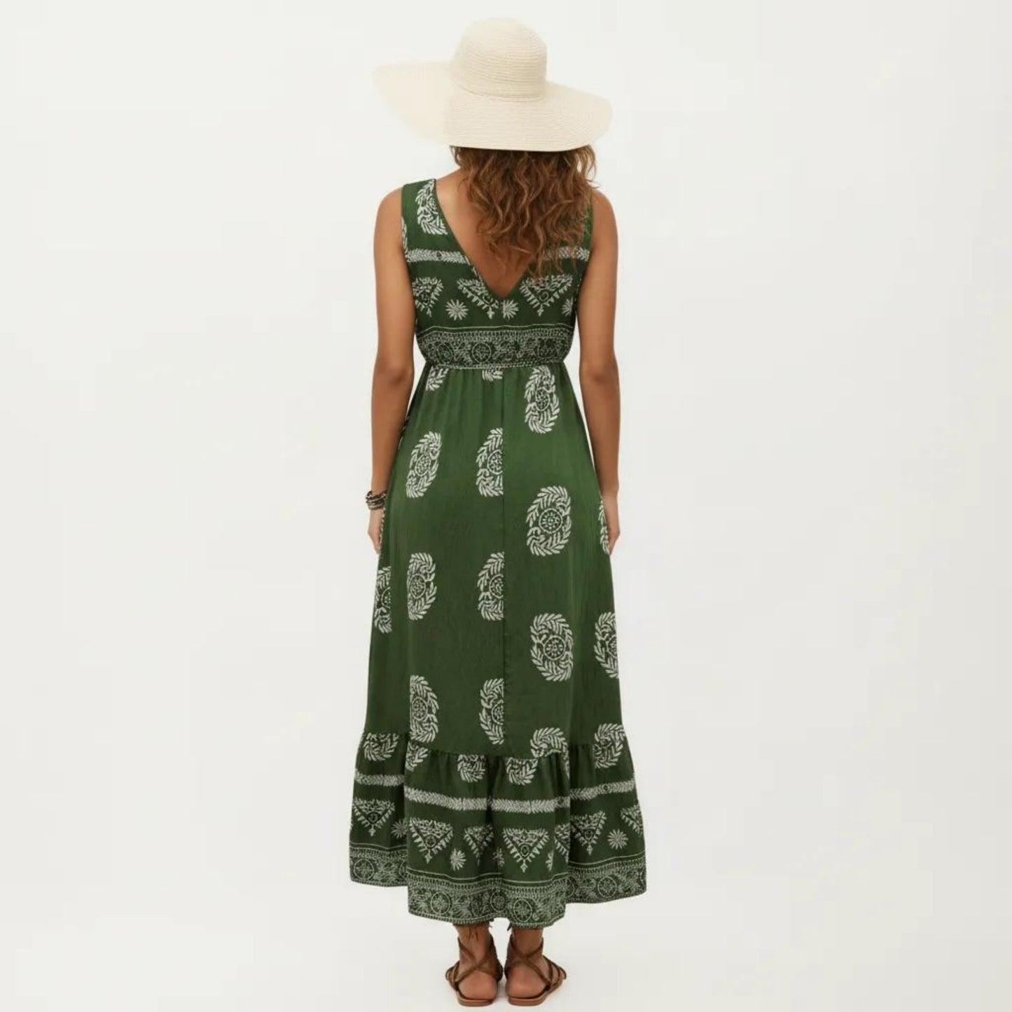 Sleeveless V Neck Maxi Dress with Bohemian Print Tiered Hem Detail and Relaxed Flowy Fit Design