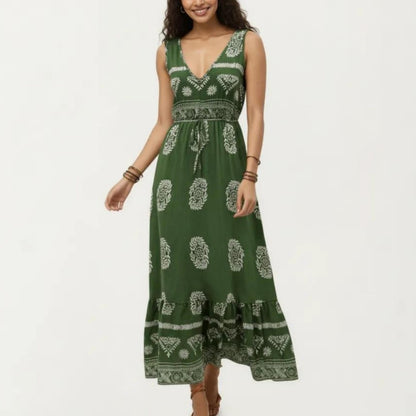 Sleeveless V Neck Maxi Dress with Bohemian Print Tiered Hem Detail and Relaxed Flowy Fit Design