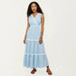 Sleeveless Striped Maxi Dress with V Neckline Contrast Trim Detail and Tiered Flowy Silhouette
