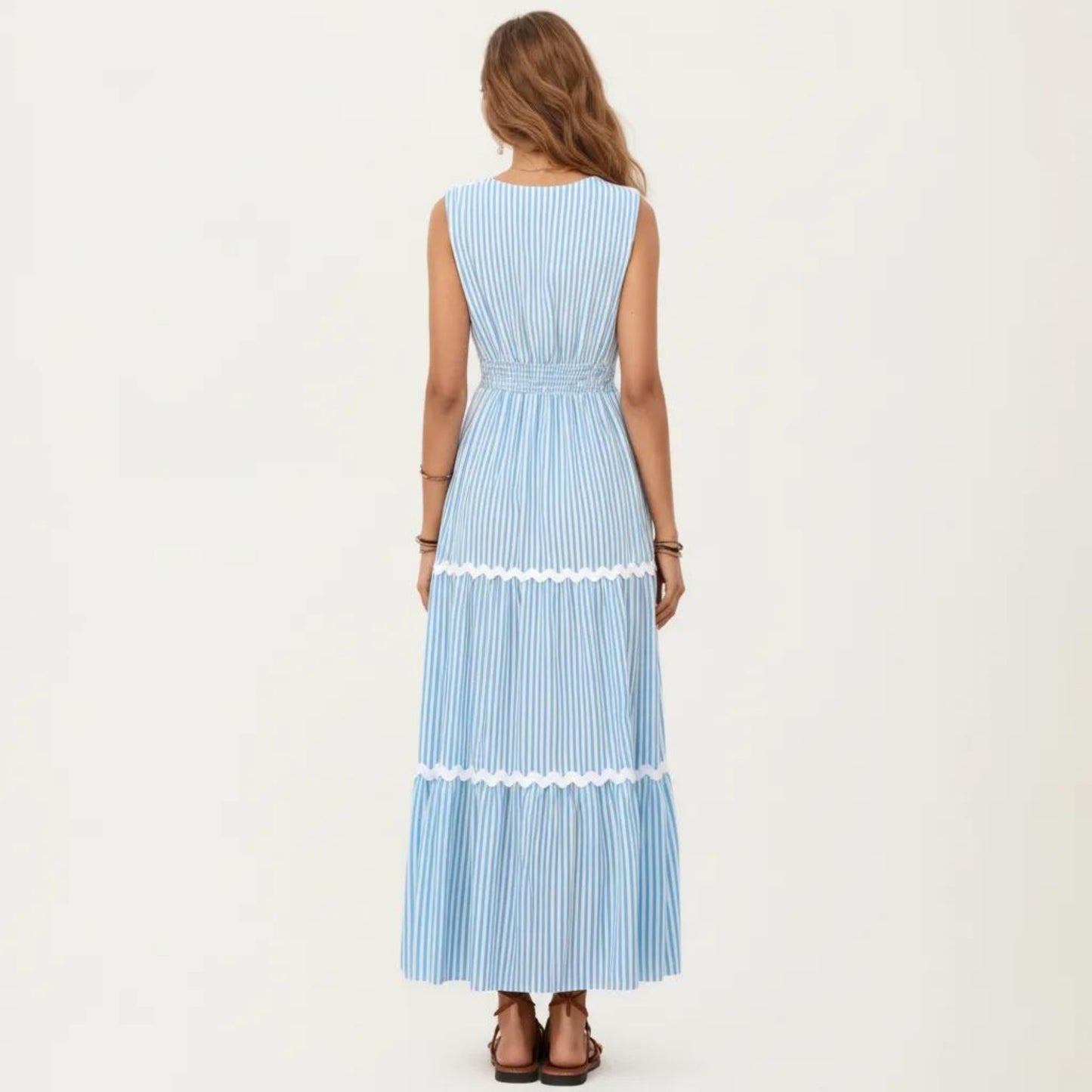Sleeveless Striped Maxi Dress with V Neckline Contrast Trim Detail and Tiered Flowy Silhouette