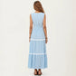 Sleeveless Striped Maxi Dress with V Neckline Contrast Trim Detail and Tiered Flowy Silhouette
