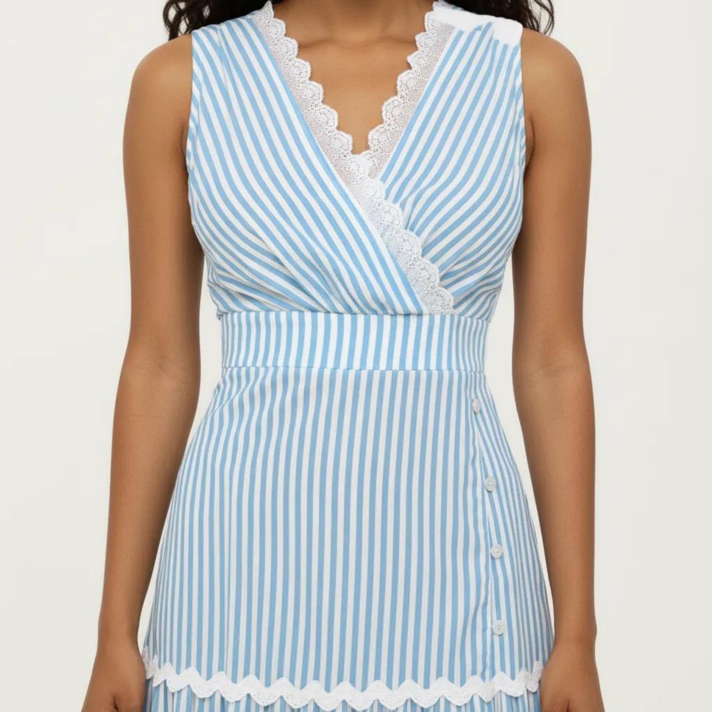 Sleeveless Striped Maxi Dress with V Neckline Contrast Trim Detail and Tiered Flowy Silhouette