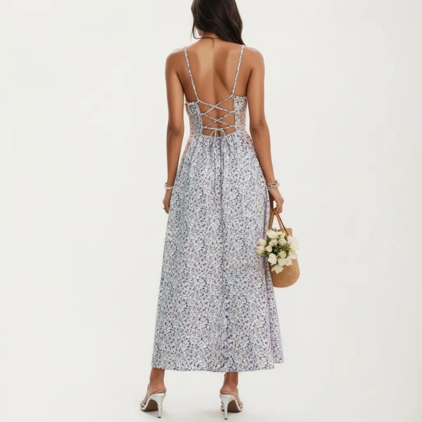 Sleeveless Floral Maxi Dress with Spaghetti Straps Smocked Waist and Flowy A-Line Silhouette Design