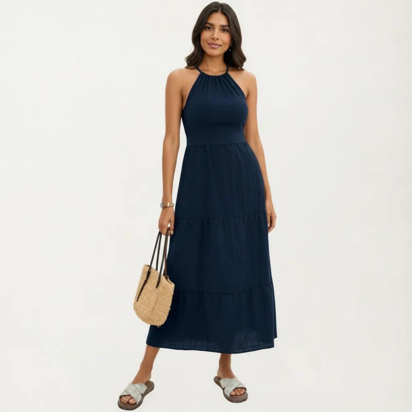 Sleeveless Halter Neck Midi Dress with Tiered Skirt Detail and Relaxed Flowy Fit Lightweight Design