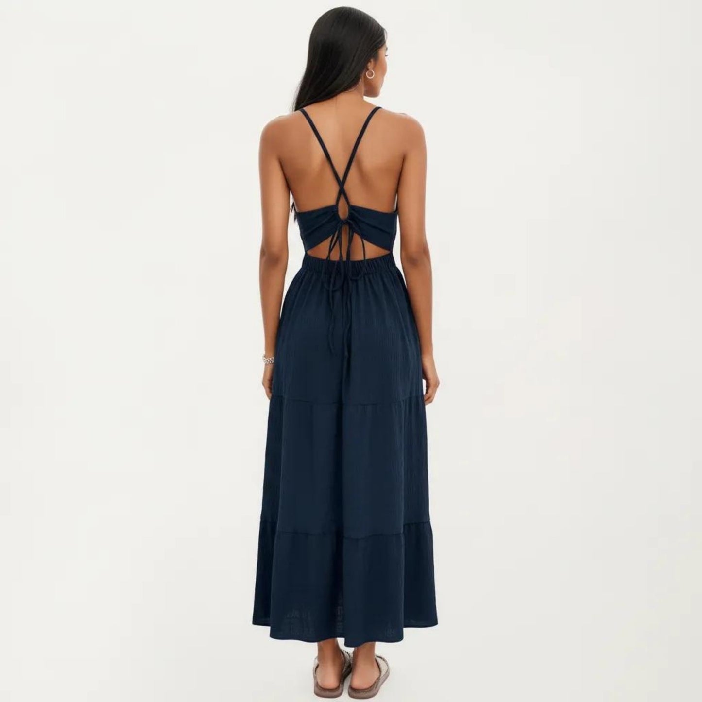Sleeveless Halter Neck Midi Dress with Tiered Skirt Detail and Relaxed Flowy Fit Lightweight Design