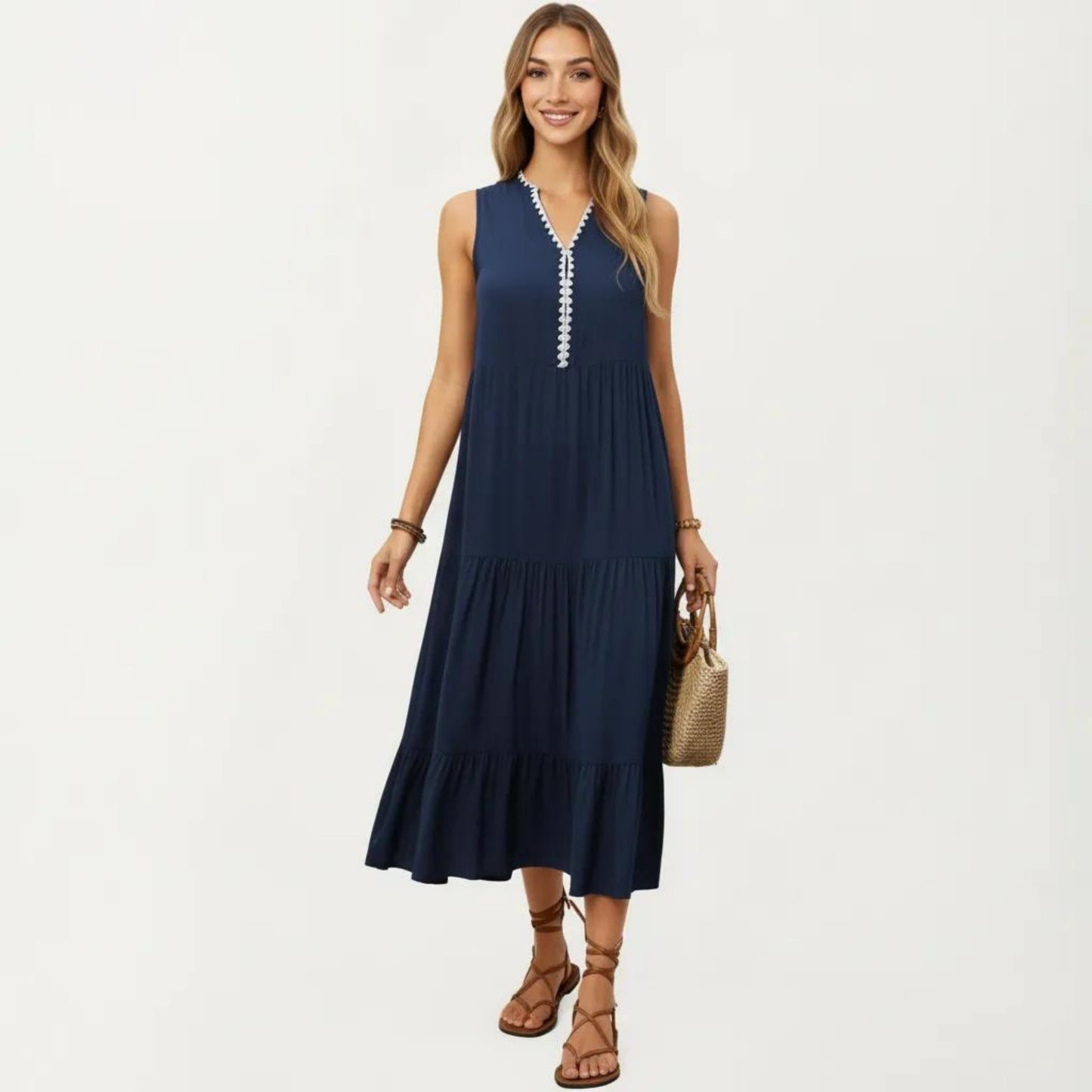 Sleeveless V Neck Midi Dress with Contrast Trim Detail Tiered Skirt and Relaxed Flowy Fit Design