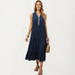 Sleeveless V Neck Midi Dress with Contrast Trim Detail Tiered Skirt and Relaxed Flowy Fit Design