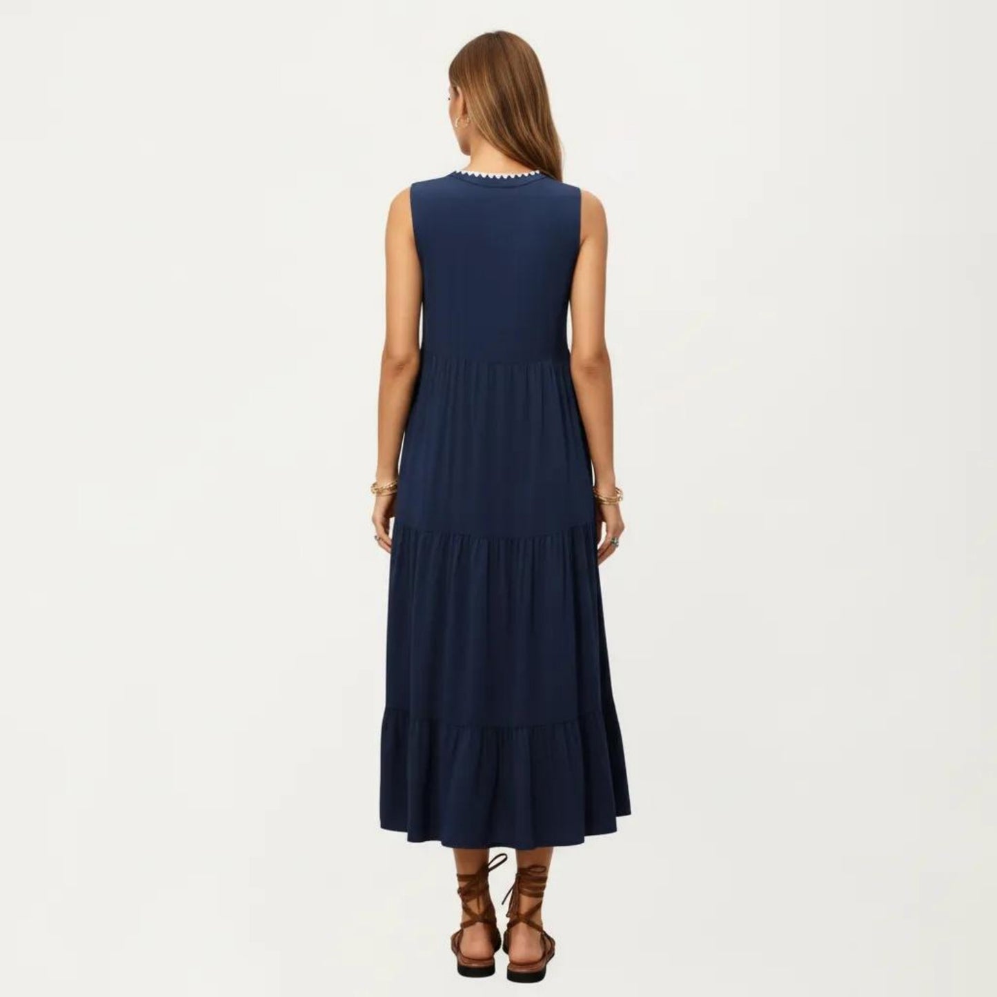 Sleeveless V Neck Midi Dress with Contrast Trim Detail Tiered Skirt and Relaxed Flowy Fit Design