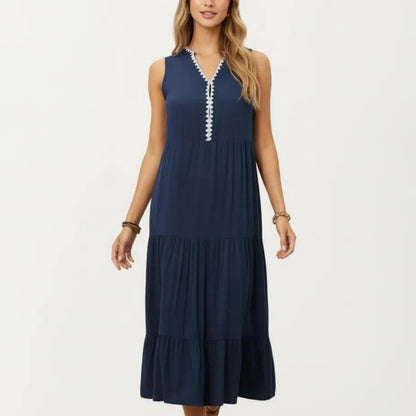 Sleeveless V Neck Midi Dress with Contrast Trim Detail Tiered Skirt and Relaxed Flowy Fit Design