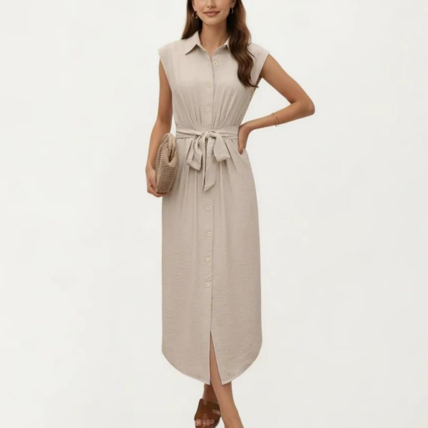 Sleeveless Button Front Midi Dress with Collared Neckline and Relaxed Fit Flowy Silhouette Design