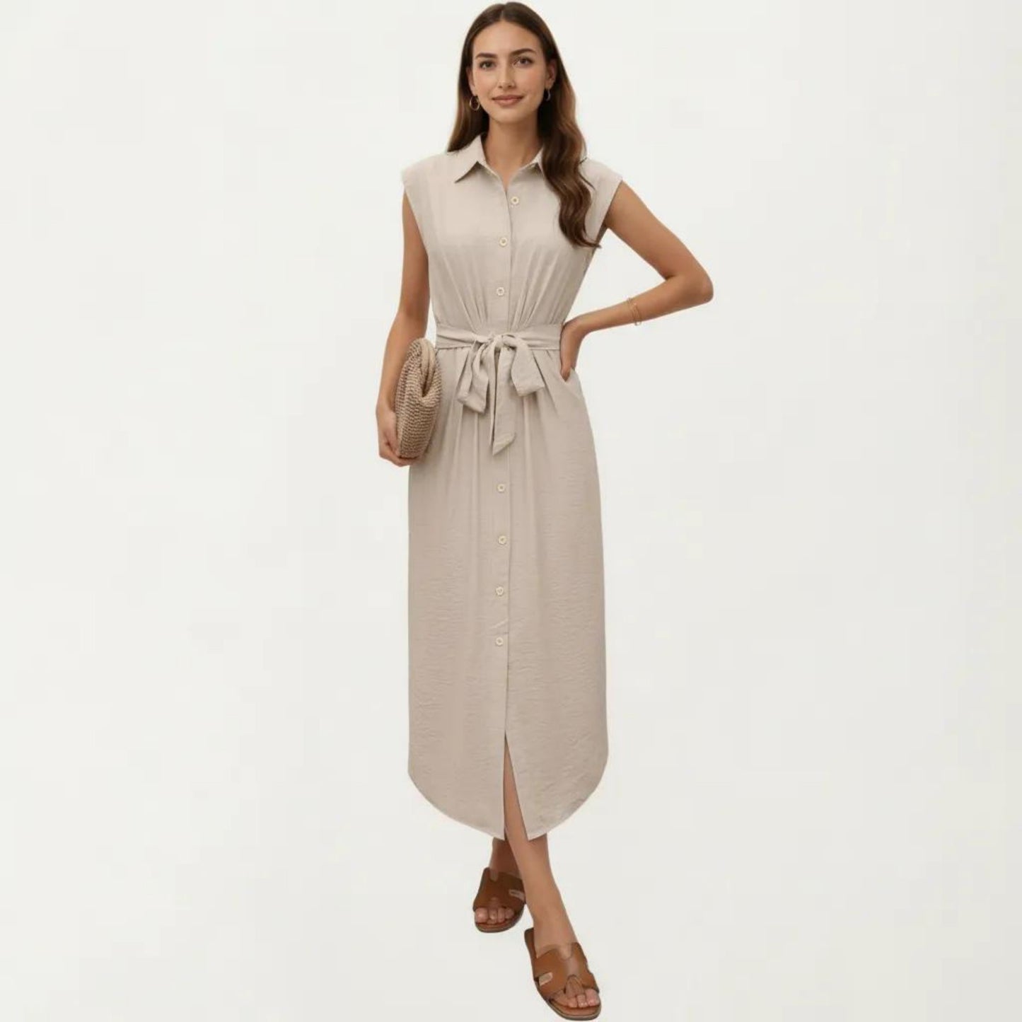 Sleeveless Button Front Midi Dress with Collared Neckline and Relaxed Fit Flowy Silhouette Design