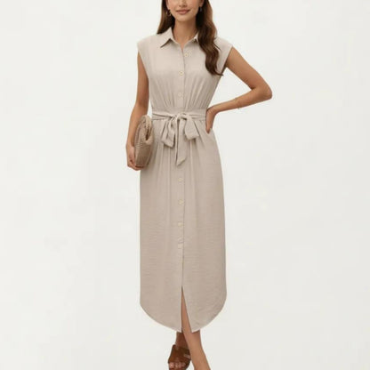 Sleeveless Button Front Midi Dress with Collared Neckline and Relaxed Fit Flowy Silhouette Design