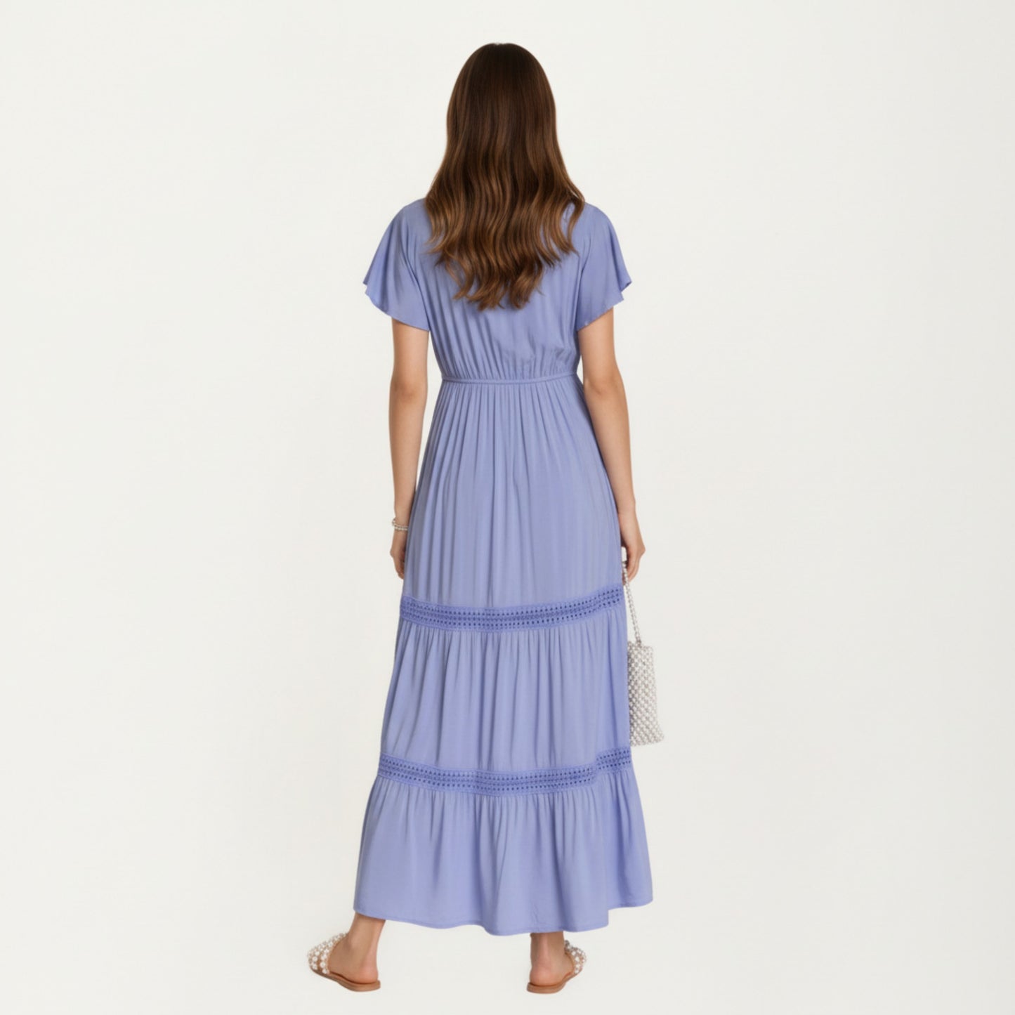 Short Sleeve V Neck Maxi Dress with Tiered Skirt Detail and Relaxed Fit Flowy Silhouette Design