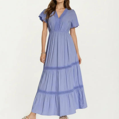 Short Sleeve V Neck Maxi Dress with Tiered Skirt Detail and Relaxed Fit Flowy Silhouette Design