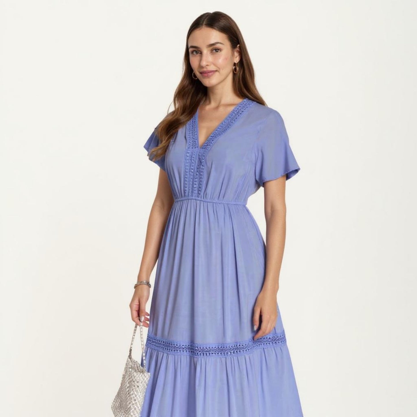 Short Sleeve V Neck Maxi Dress with Tiered Skirt Detail and Relaxed Fit Flowy Silhouette Design