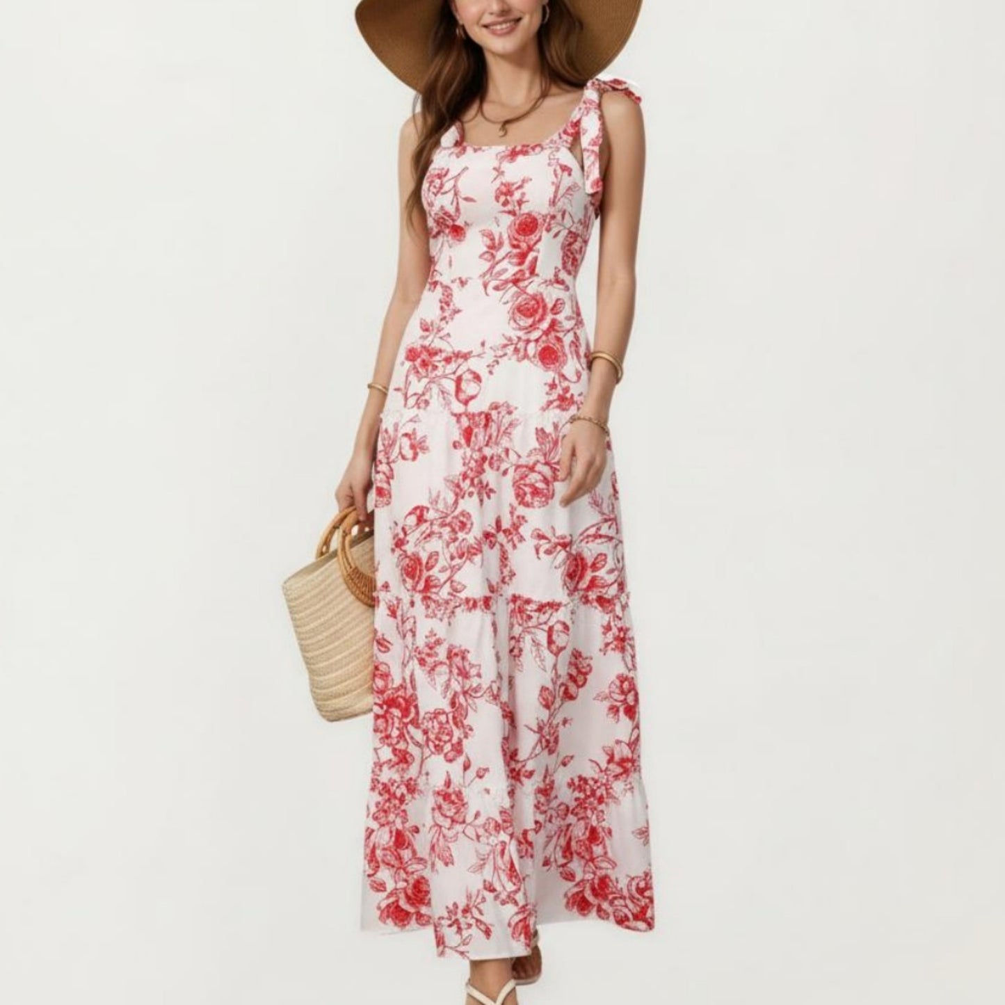 Sleeveless Floral Maxi Dress with Ruffle Strap Detail Square Neck and Tiered Skirt Flowy Design