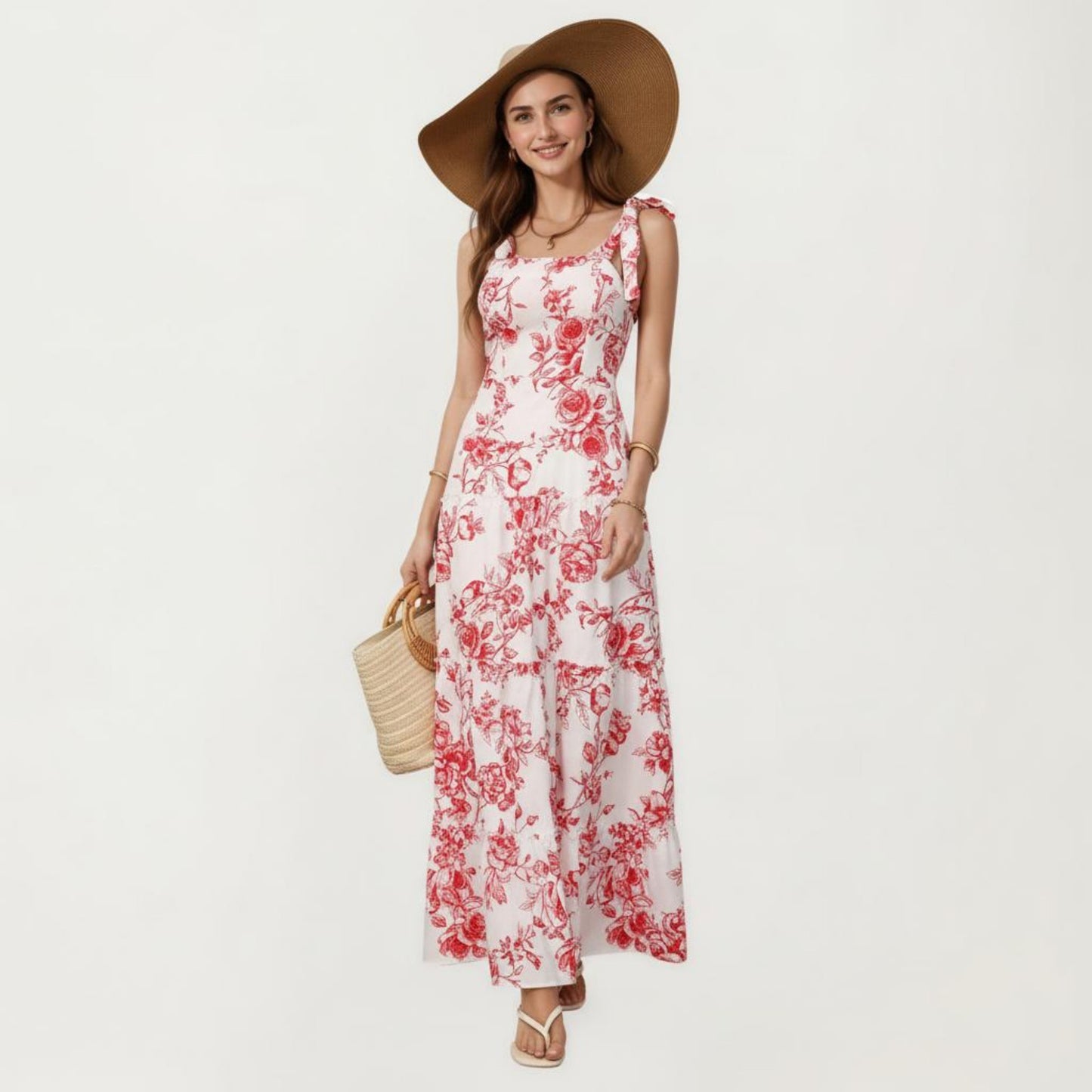 Sleeveless Floral Maxi Dress with Ruffle Strap Detail Square Neck and Tiered Skirt Flowy Design