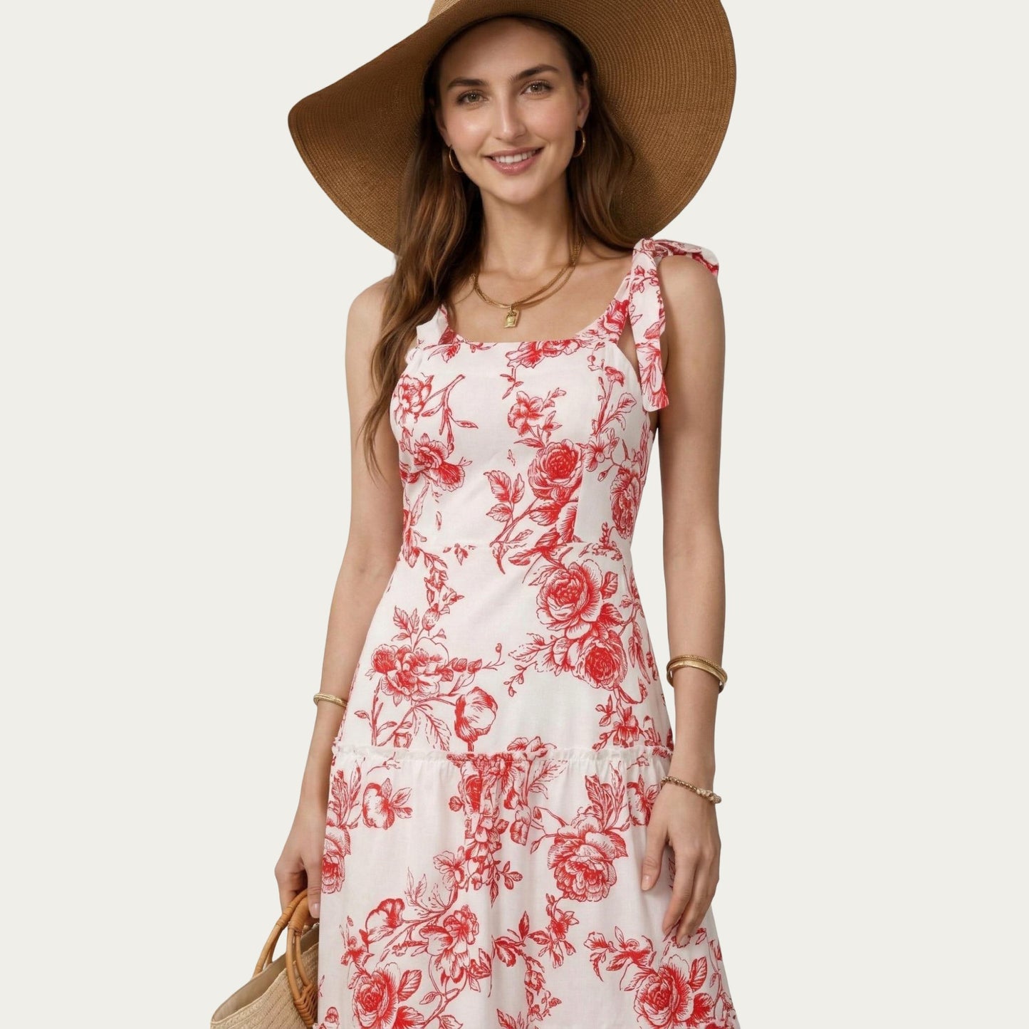 Sleeveless Floral Maxi Dress with Ruffle Strap Detail Square Neck and Tiered Skirt Flowy Design
