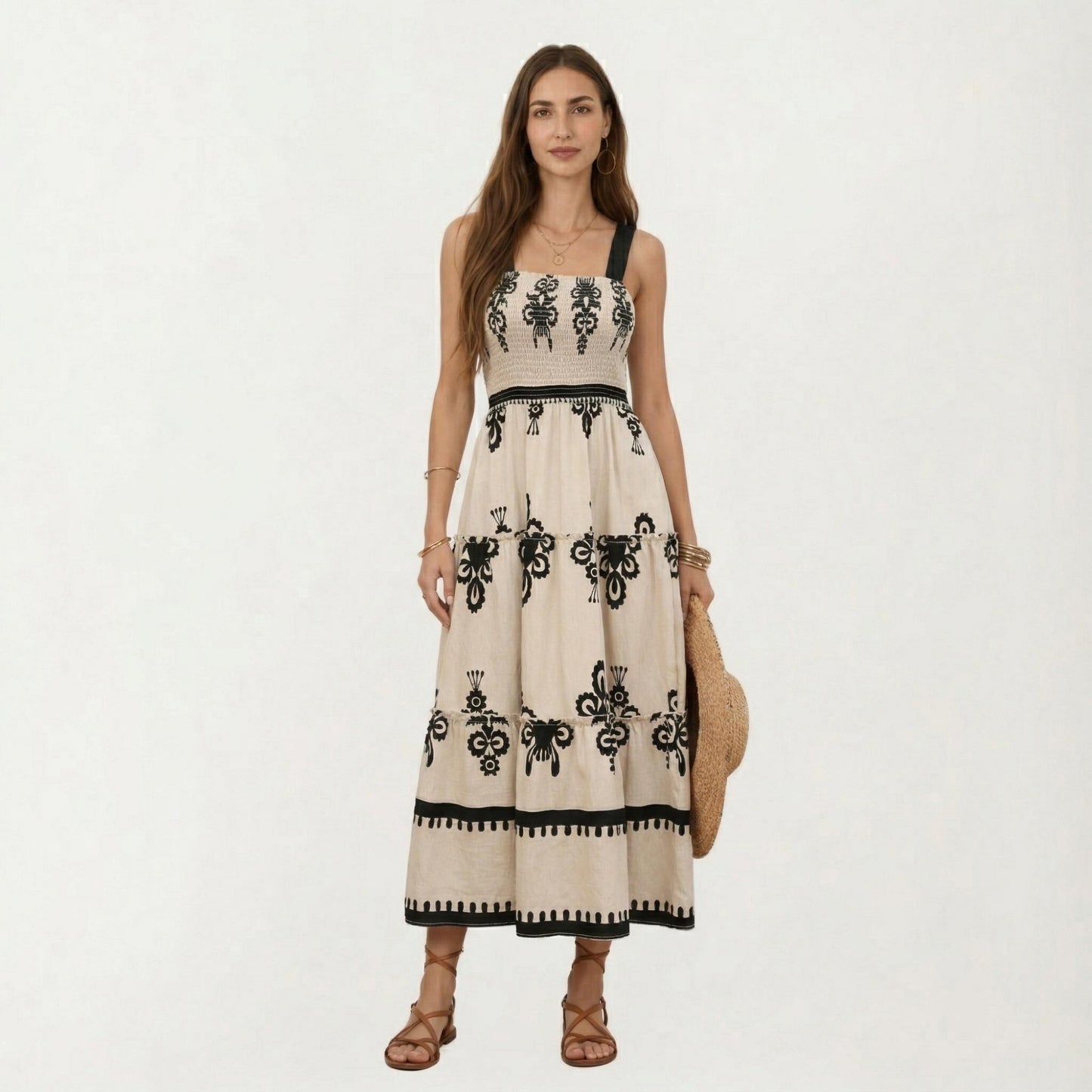 Sleeveless Smocked Midi Dress with Wide Straps Tiered Skirt and Bohemian Floral Print Design