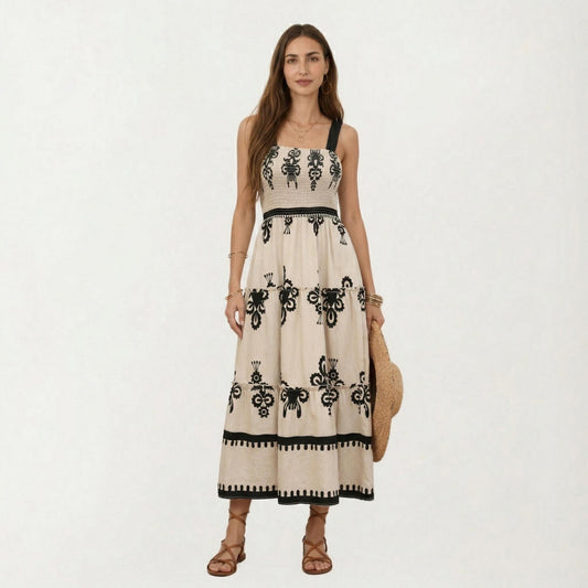 Sleeveless Smocked Midi Dress with Wide Straps Tiered Skirt and Bohemian Floral Print Design