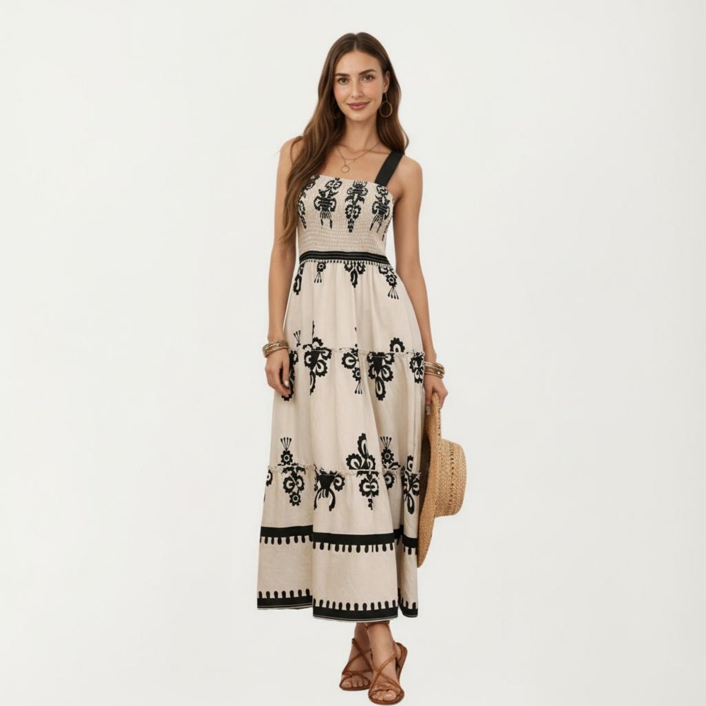 Sleeveless Smocked Midi Dress with Wide Straps Tiered Skirt and Bohemian Floral Print Design