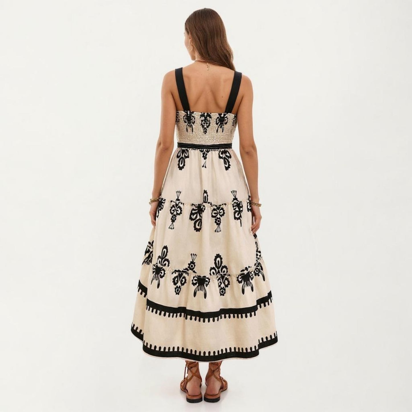 Sleeveless Smocked Midi Dress with Wide Straps Tiered Skirt and Bohemian Floral Print Design