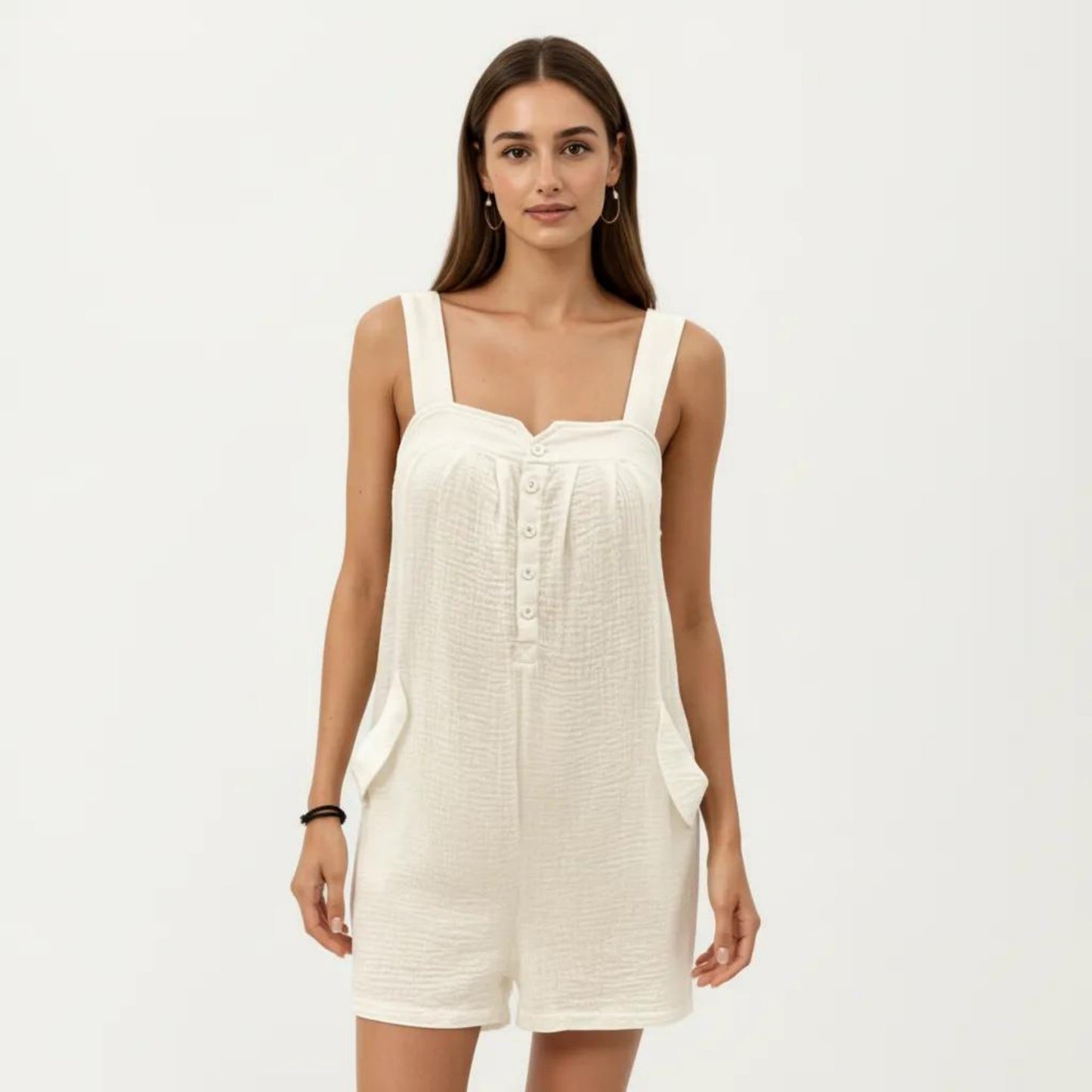 Sleeveless Textured Romper with Wide Straps Button Front Detail and Relaxed Fit Lightweight Design