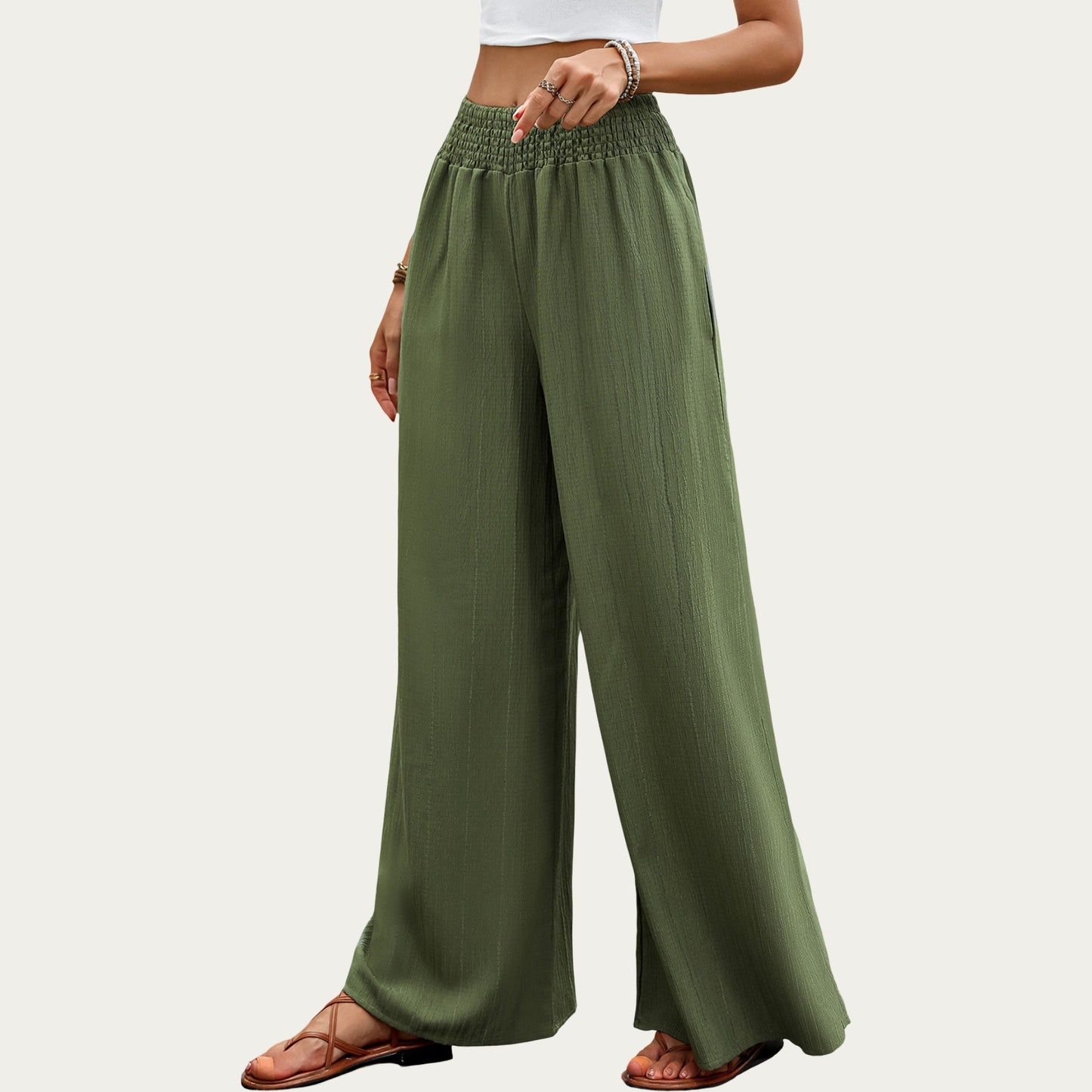 High Waist Wide Leg Pants with Smocked Waistband and Textured Fabric Relaxed Fit Flowing Design