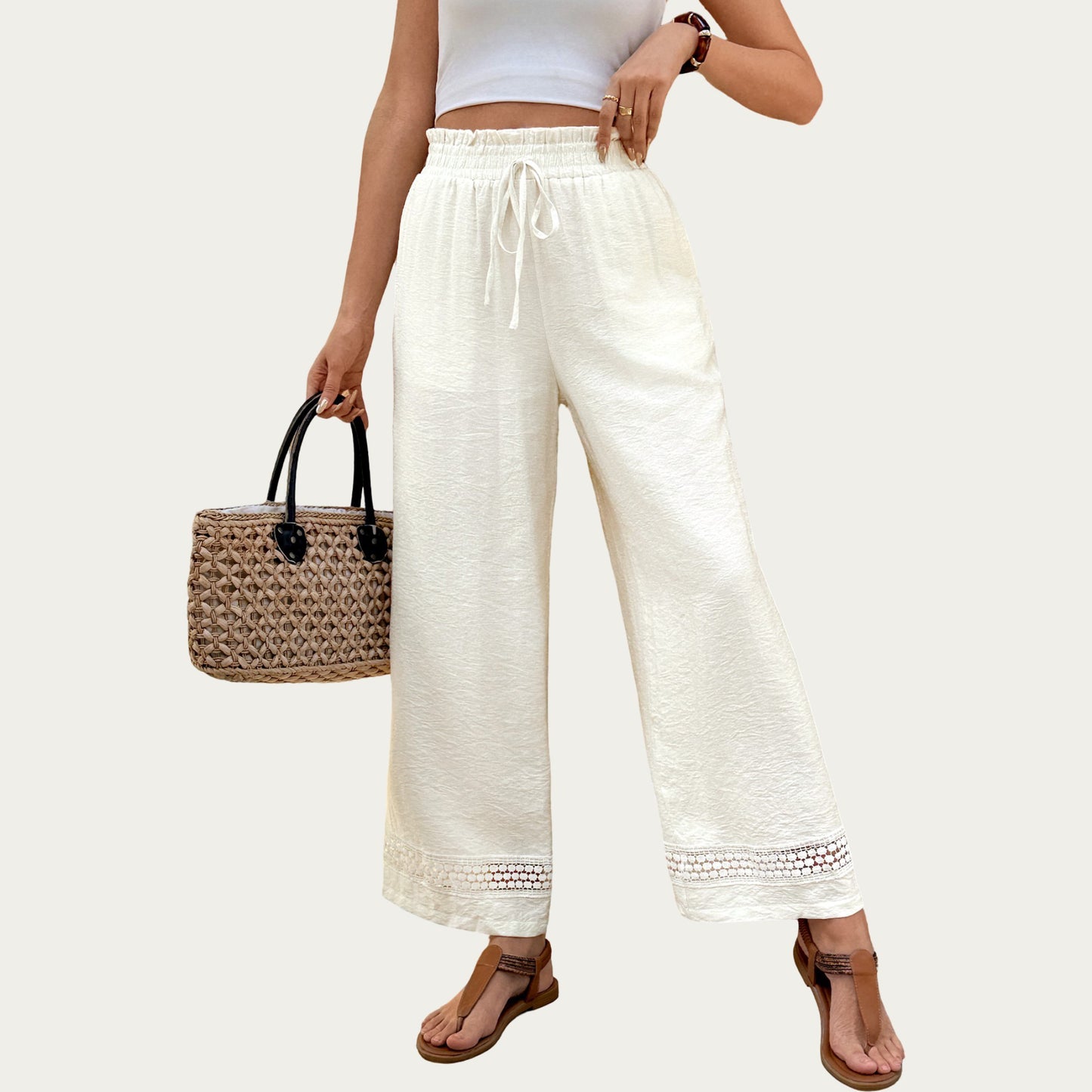 High Waist Wide Leg Pants with Drawstring Waist and Lace Trim Hem Relaxed Fit Lightweight Design