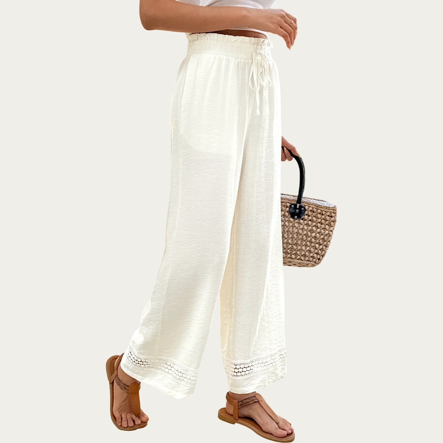High Waist Wide Leg Pants with Drawstring Waist and Lace Trim Hem Relaxed Fit Lightweight Design