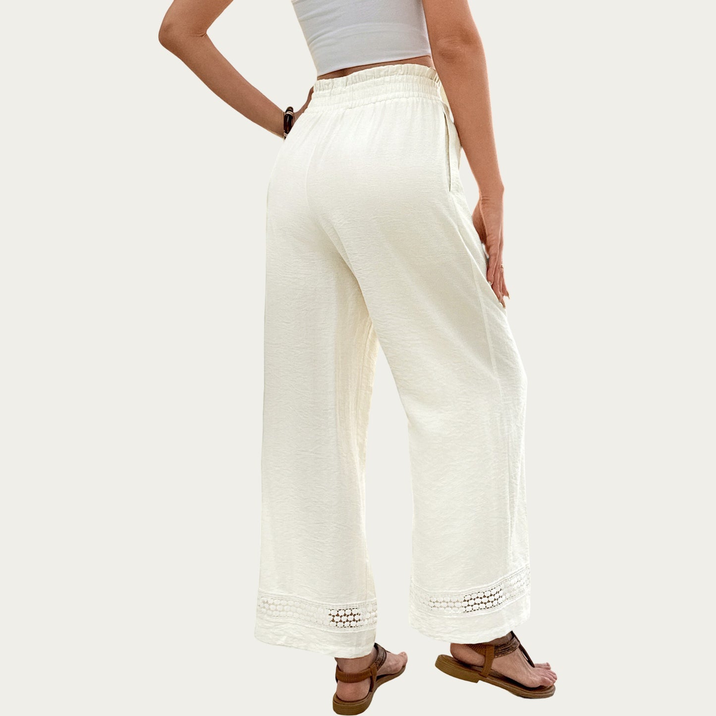 High Waist Wide Leg Pants with Drawstring Waist and Lace Trim Hem Relaxed Fit Lightweight Design