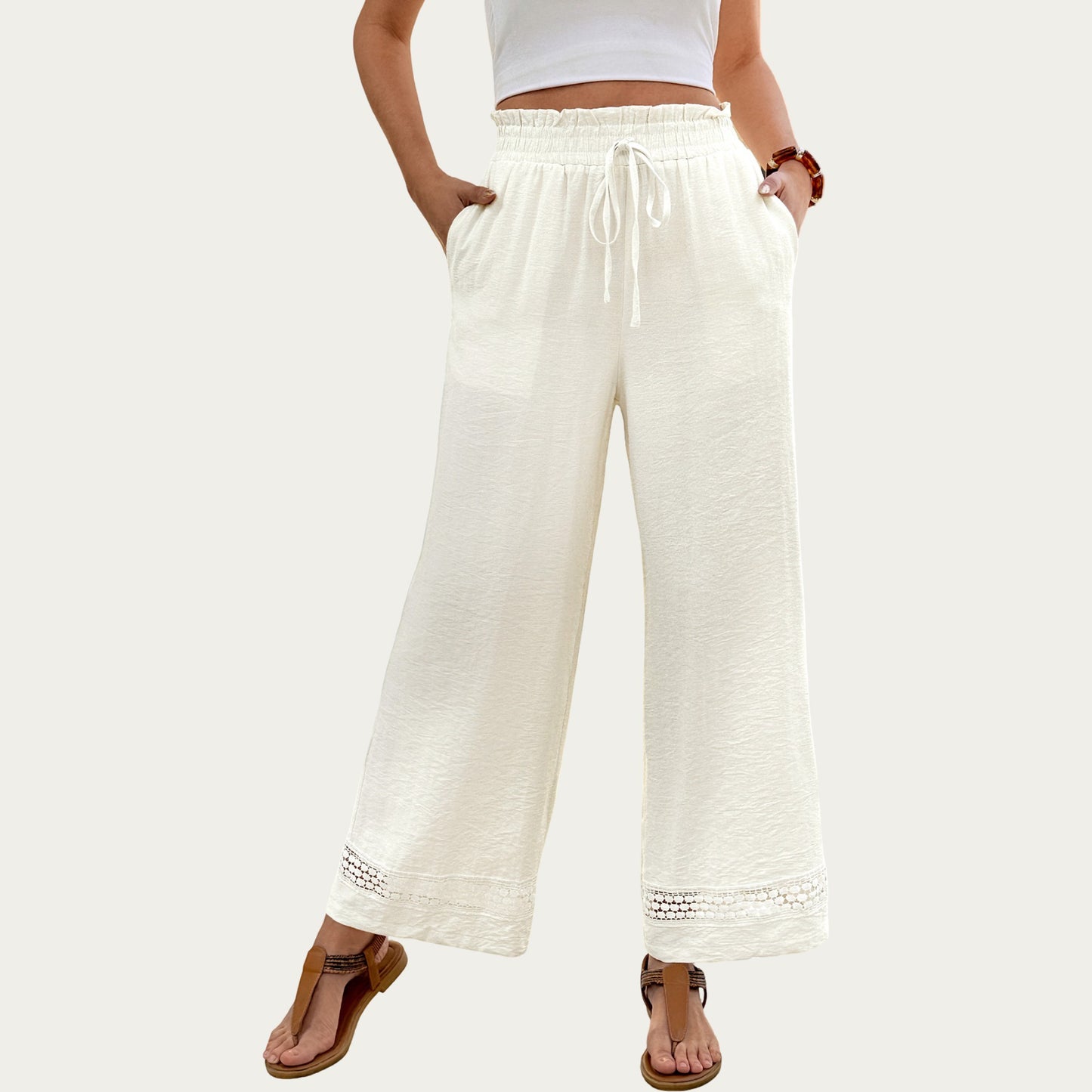 High Waist Wide Leg Pants with Drawstring Waist and Lace Trim Hem Relaxed Fit Lightweight Design