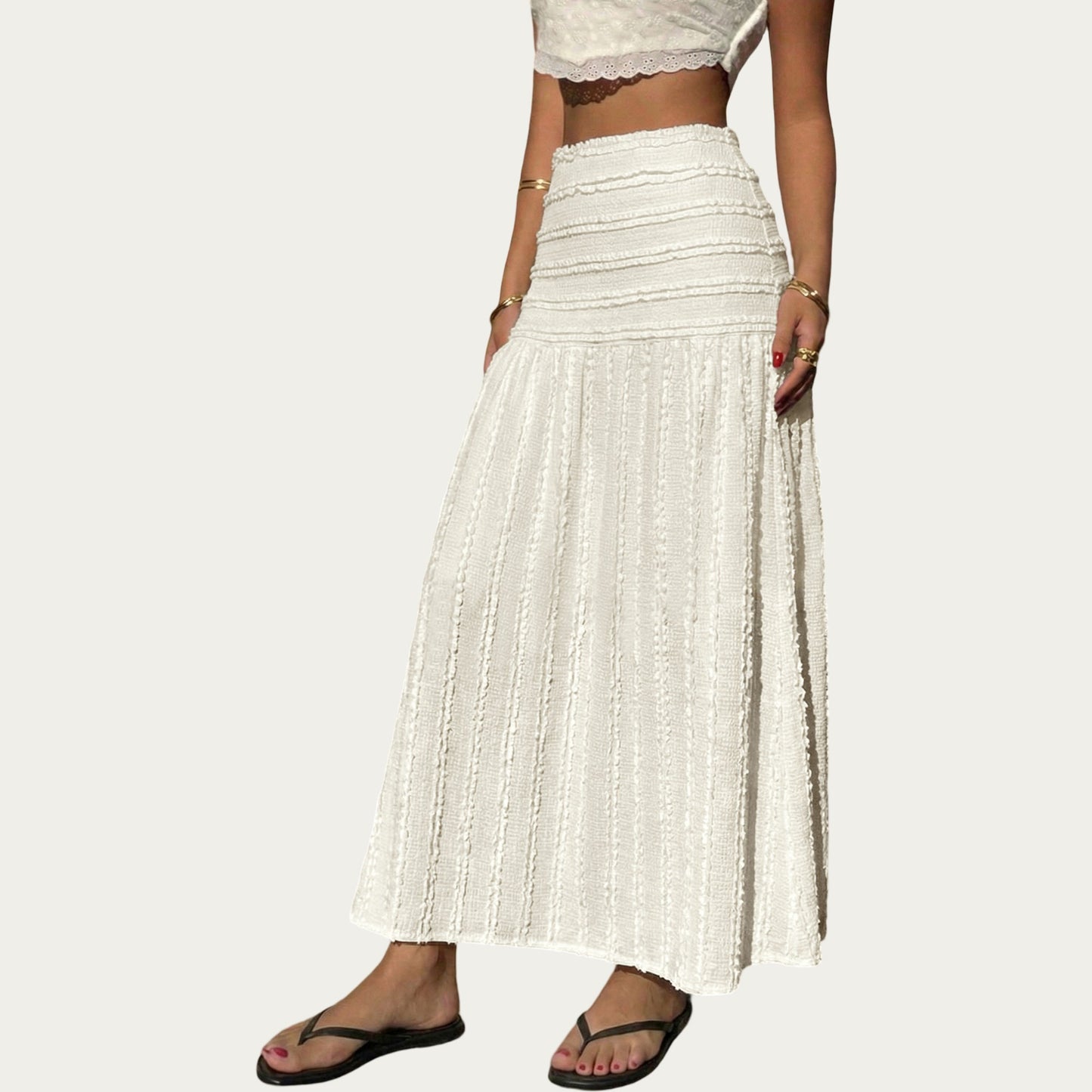 High Waist Textured Maxi Skirt with Smocked Waistband and Flowy A-Line Silhouette