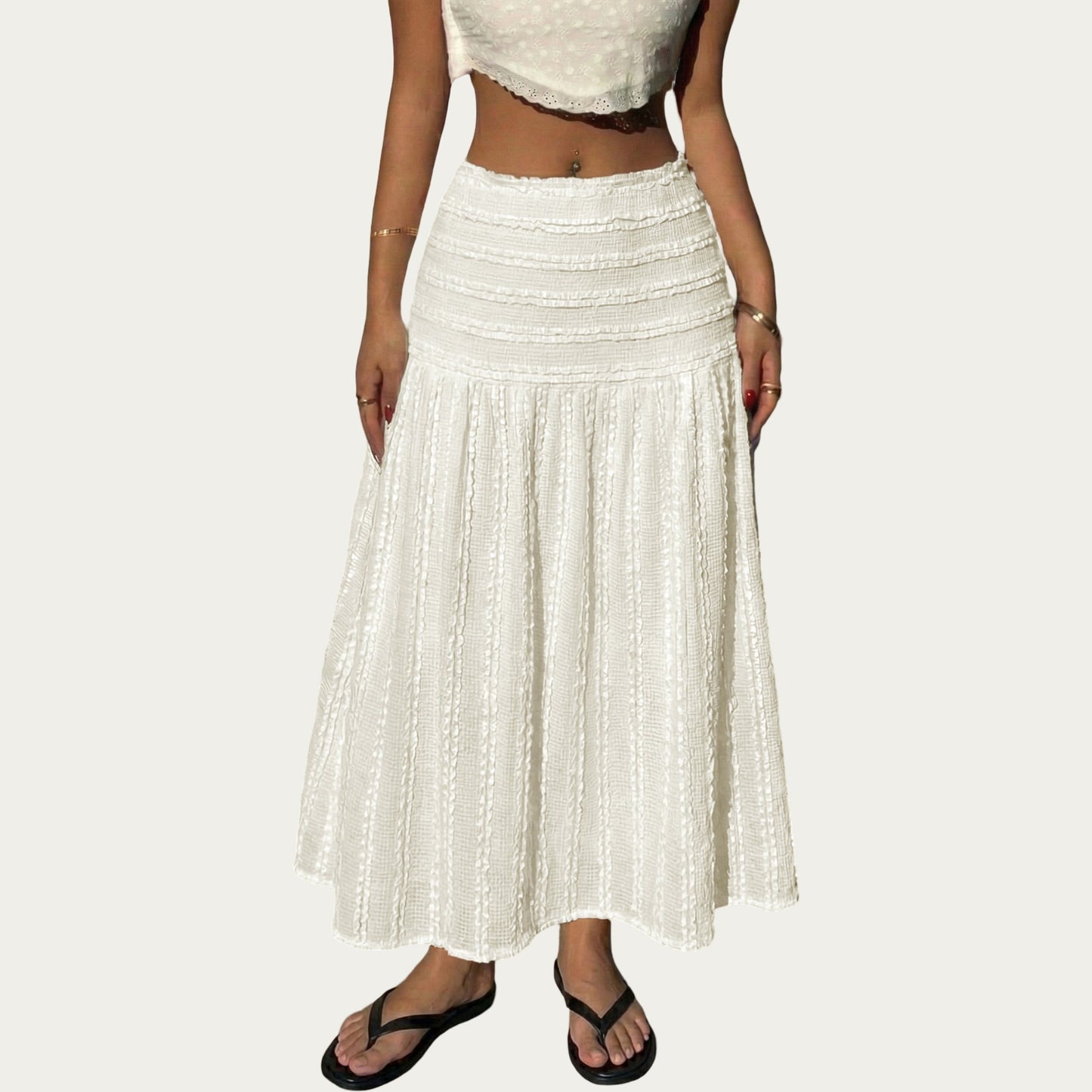 High Waist Textured Maxi Skirt with Smocked Waistband and Flowy A-Line Silhouette