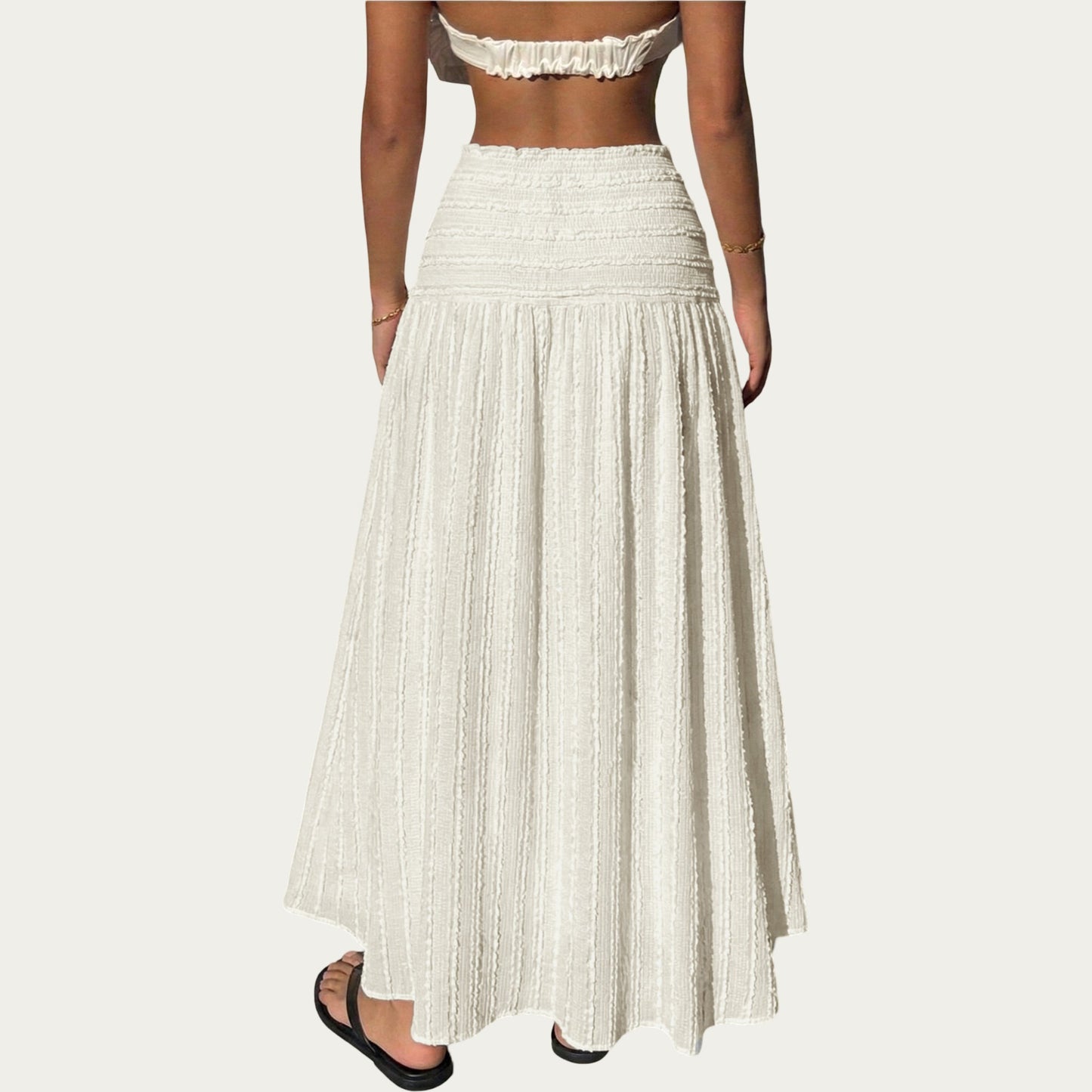 High Waist Textured Maxi Skirt with Smocked Waistband and Flowy A-Line Silhouette