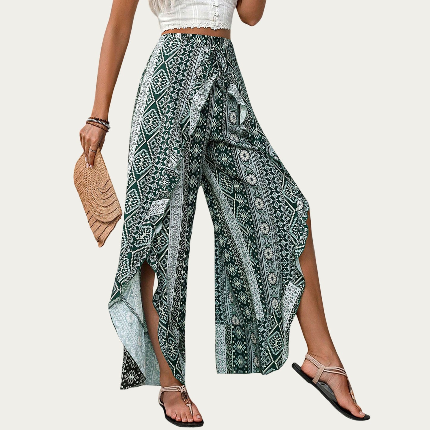 High Waist Wide Leg Split Wrap Pants with Bohemian Print and Adjustable Tie Waist