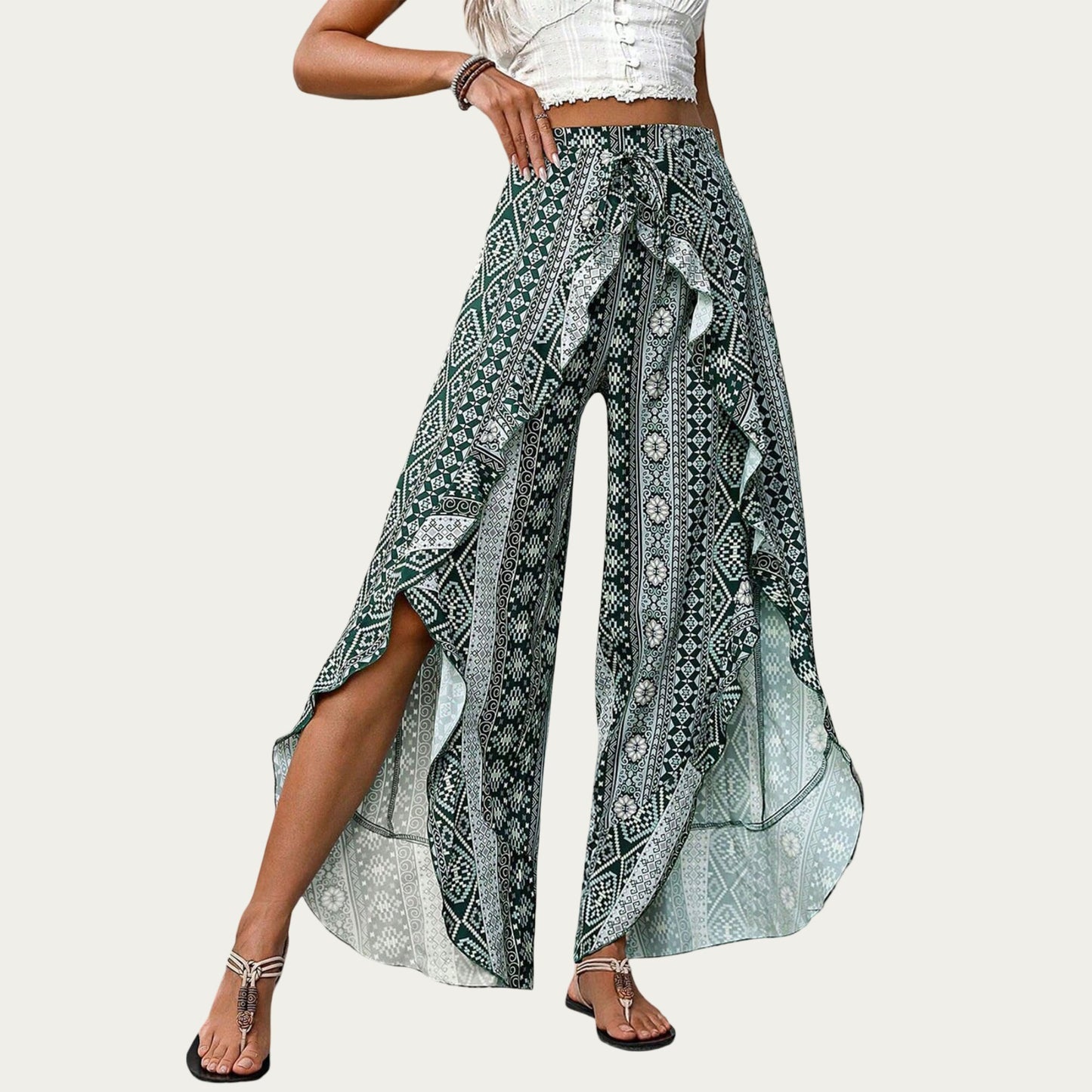 High Waist Wide Leg Split Wrap Pants with Bohemian Print and Adjustable Tie Waist