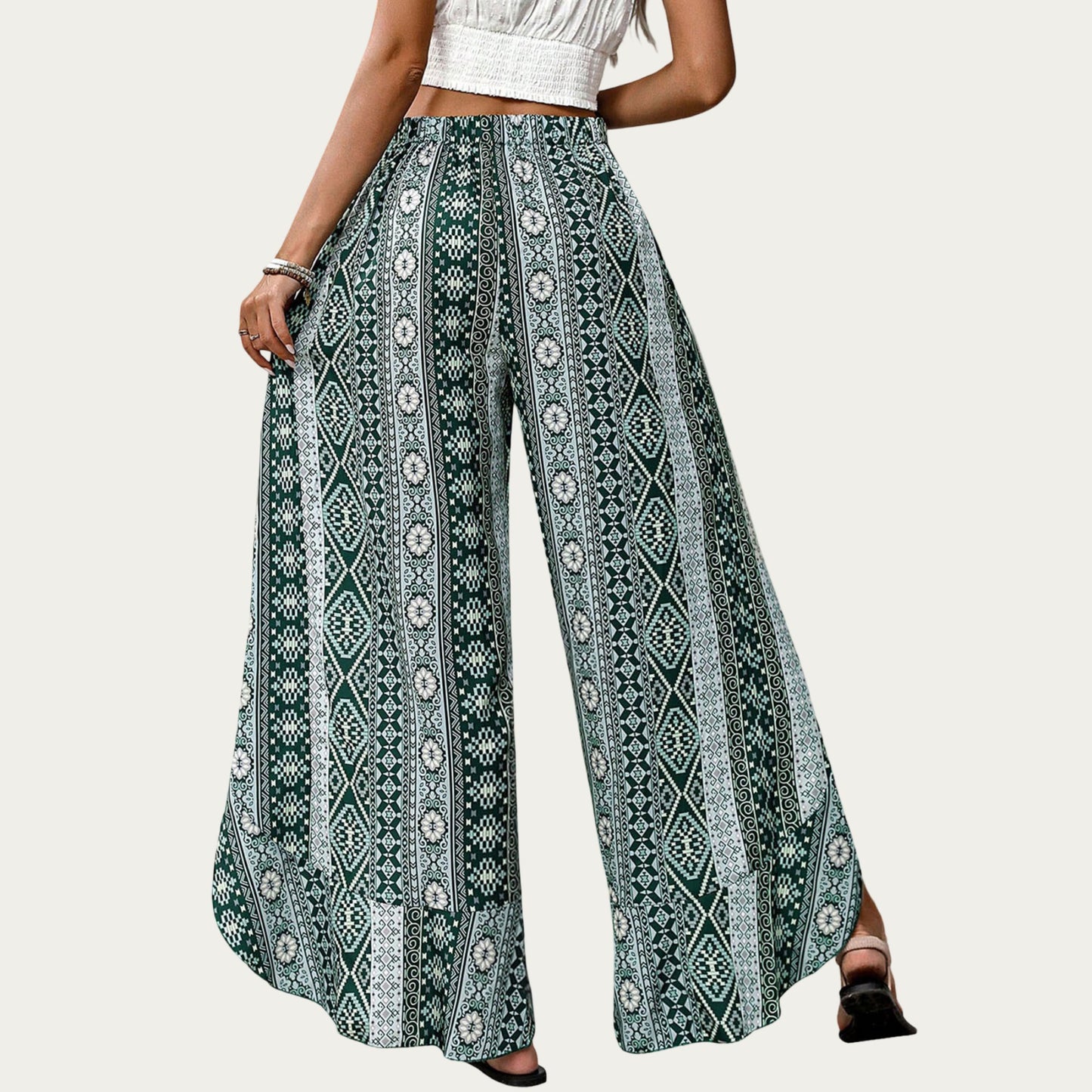 High Waist Wide Leg Split Wrap Pants with Bohemian Print and Adjustable Tie Waist