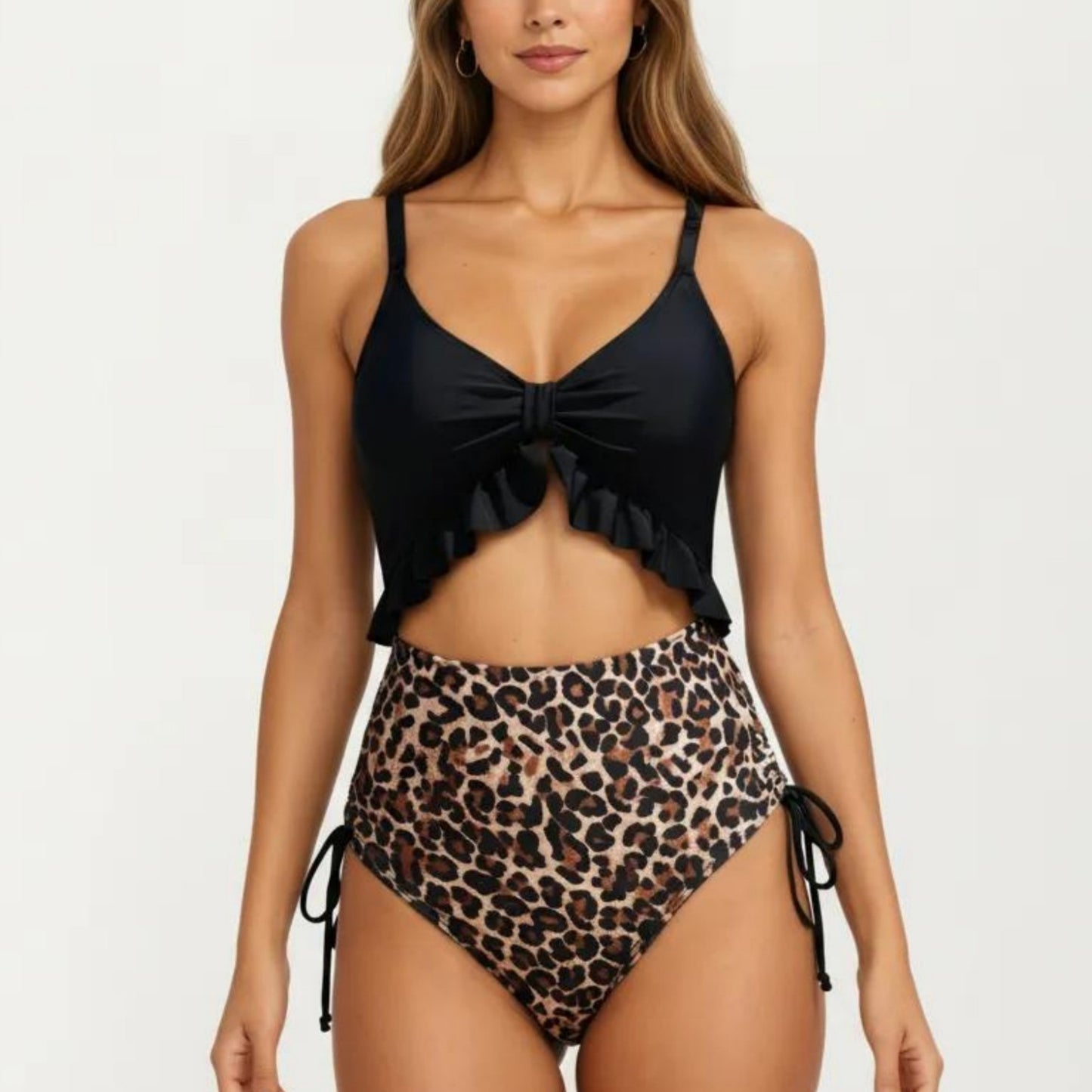 One Piece Swimsuit with Ruffle Trim Front Tie Detail and High Waisted Bottom