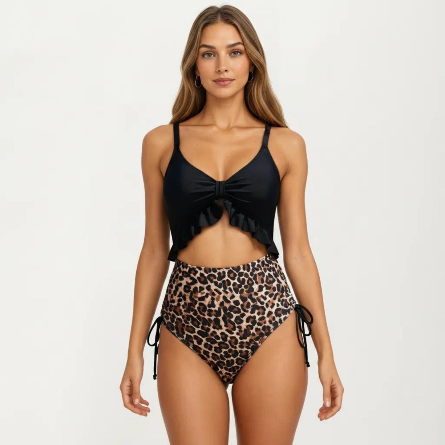 One Piece Swimsuit with Ruffle Trim Front Tie Detail and High Waisted Bottom