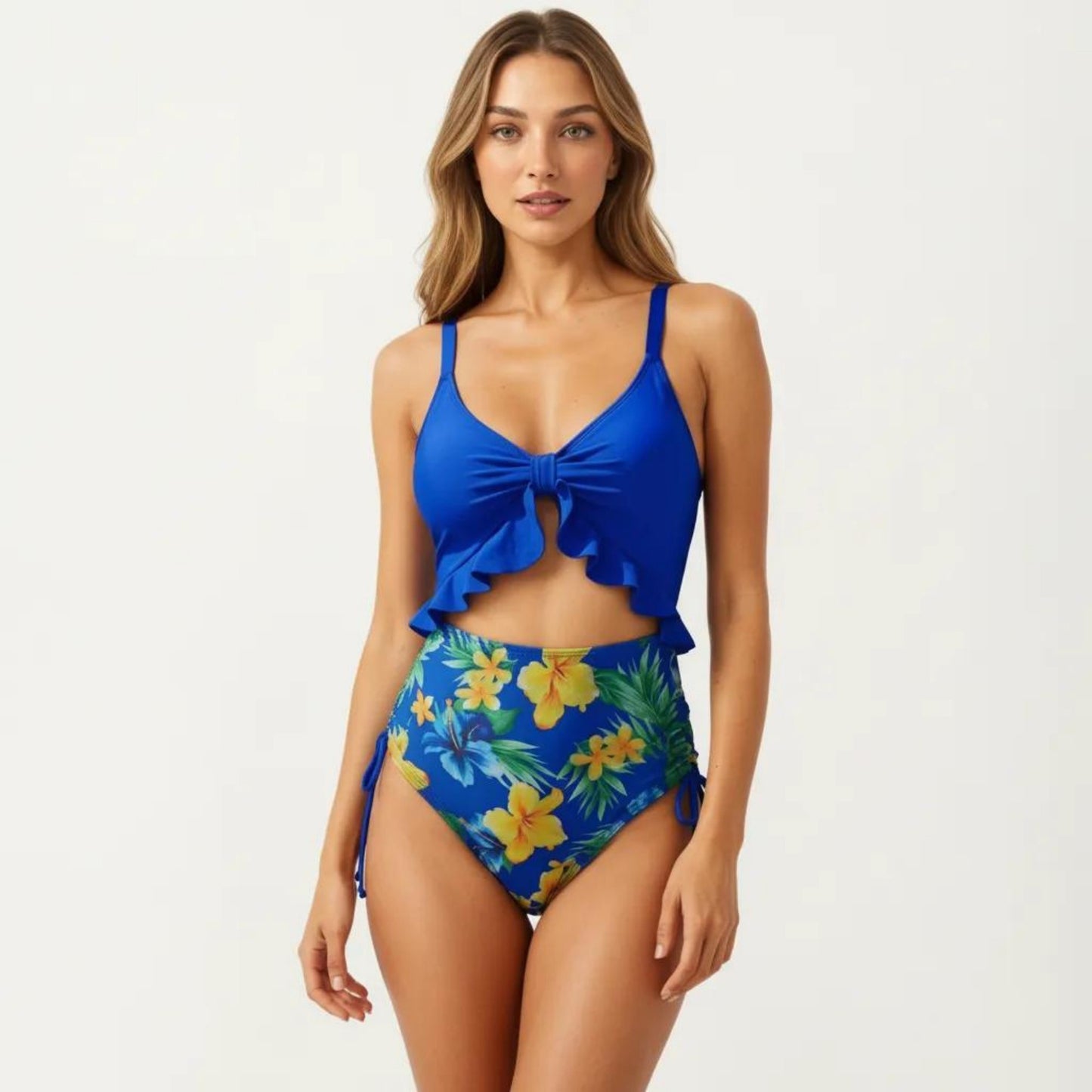 One Piece Swimsuit with Ruffle Trim Front Tie Detail and High Waisted Bottom