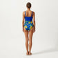 One Piece Swimsuit with Ruffle Trim Front Tie Detail and High Waisted Bottom