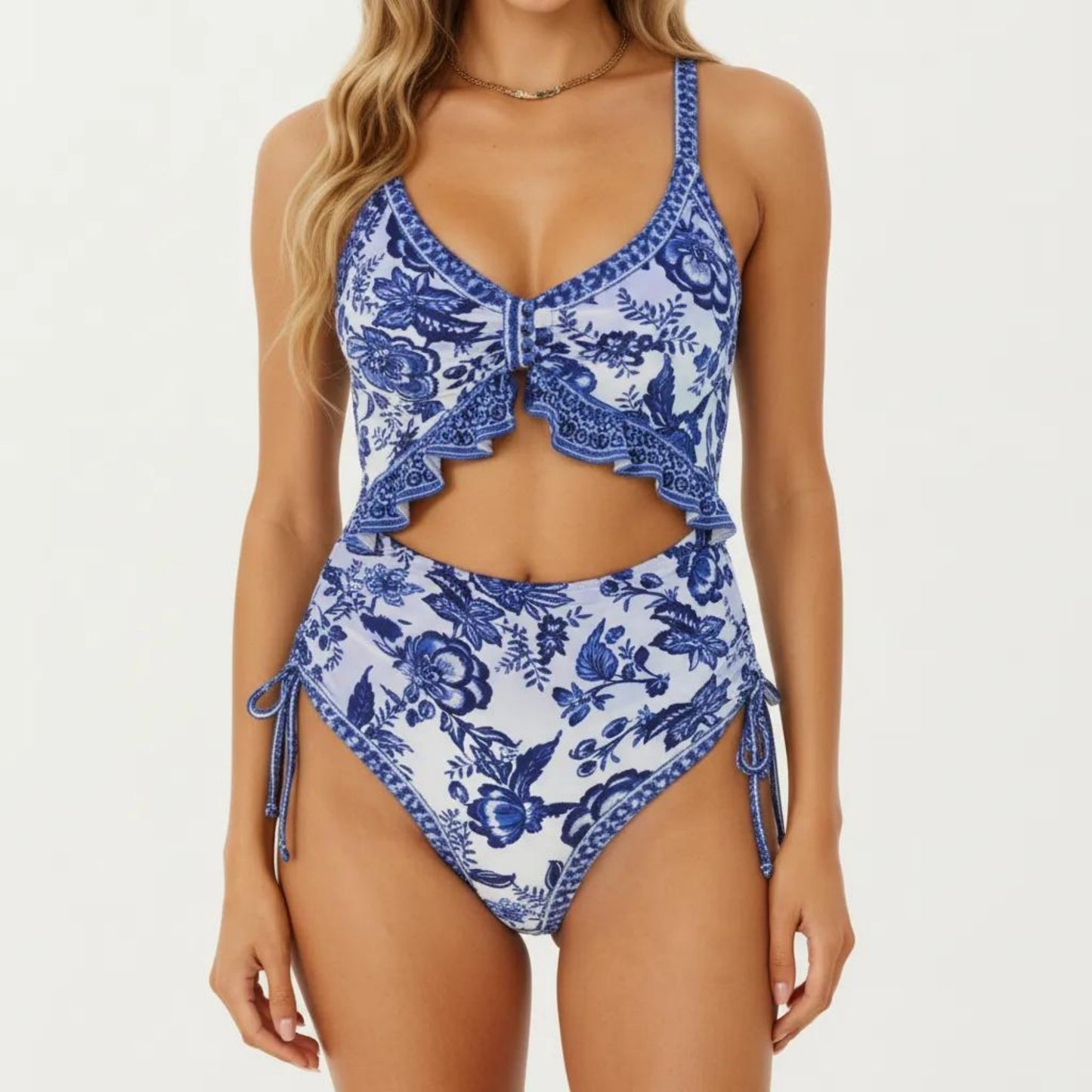 One Piece Swimsuit with Ruffle Trim Front Tie Detail and High Waisted Bottom